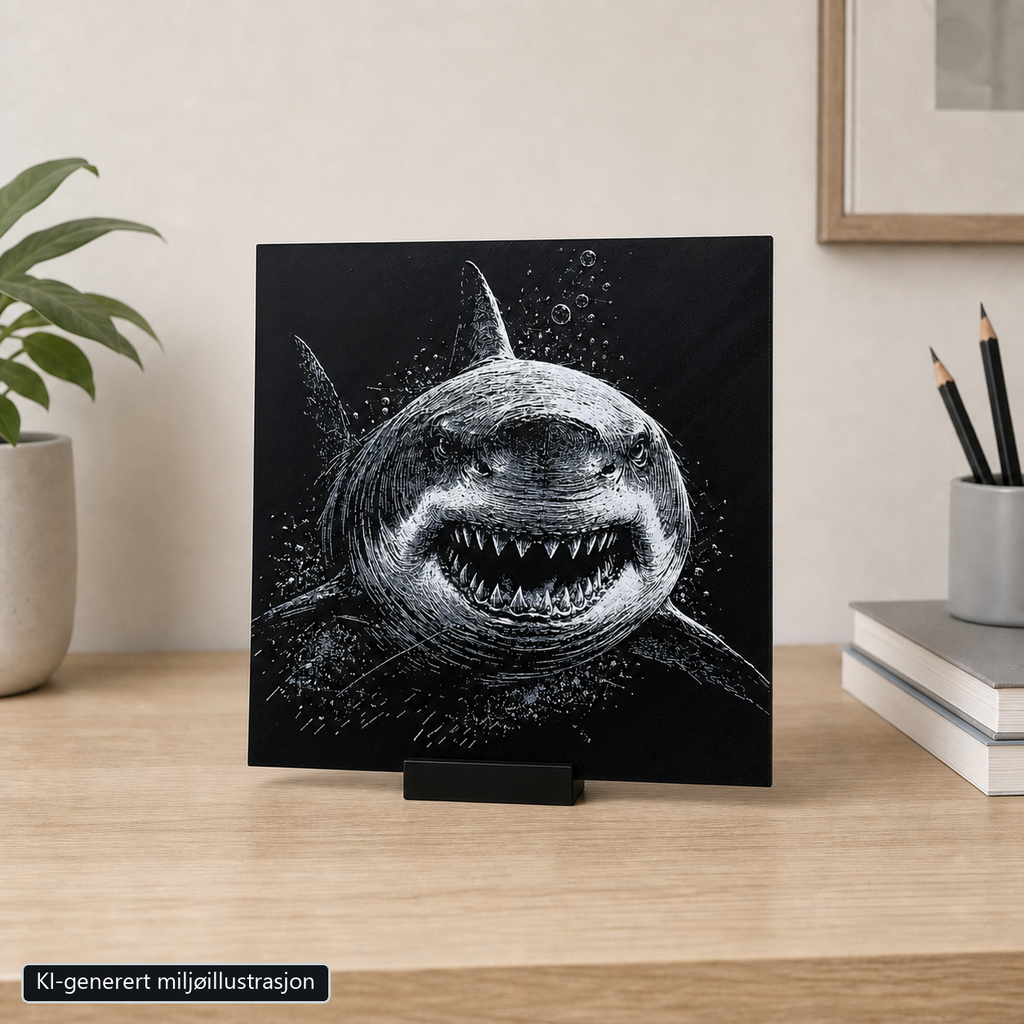 Rammeløst 20 × 20 cm motivbilde i 6 cm bredt svart bordstativ. KI-generert miljøillustrasjon.