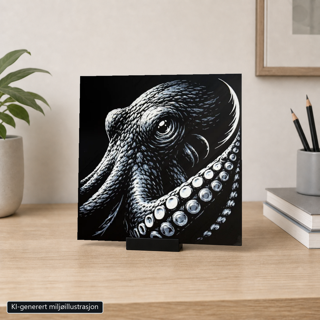 Rammeløst Blekksprut-motiv 20 x 20 cm i 6 cm bredt svart bordstativ. KI-generert miljøillustrasjon.
