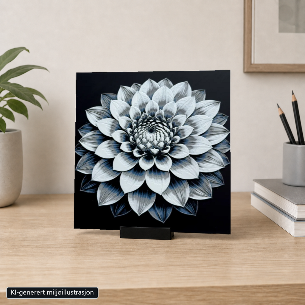 Rammeløst Dahlia-motiv 20 x 20 cm i 6 cm bredt svart bordstativ. KI-generert miljøillustrasjon.