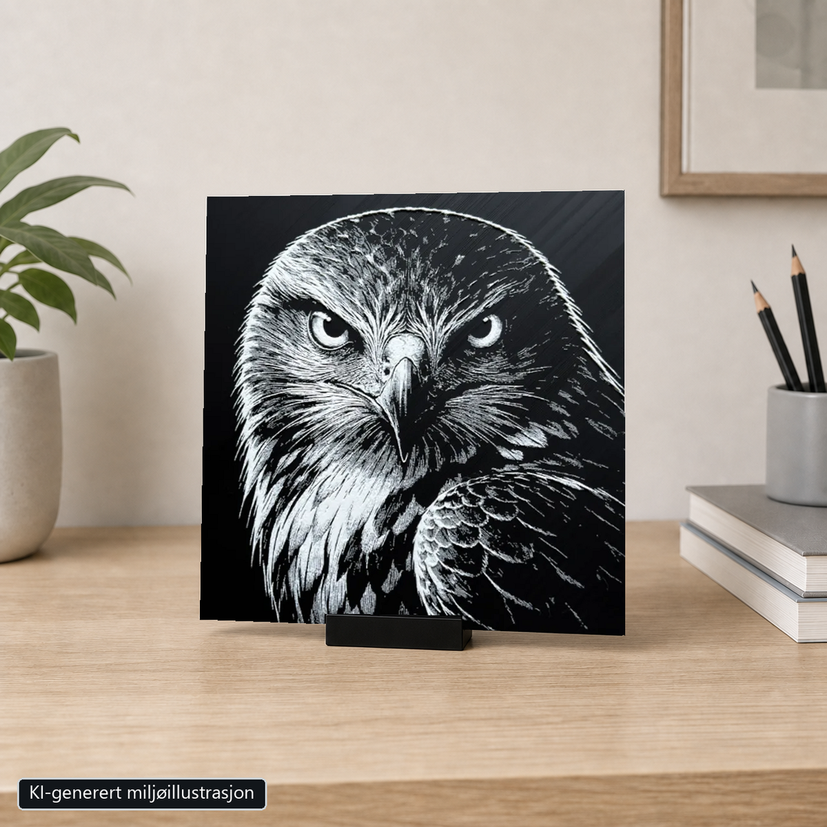 Rammeløst Hauk-motiv 20 x 20 cm i 6 cm bredt svart bordstativ. KI-generert miljøillustrasjon.