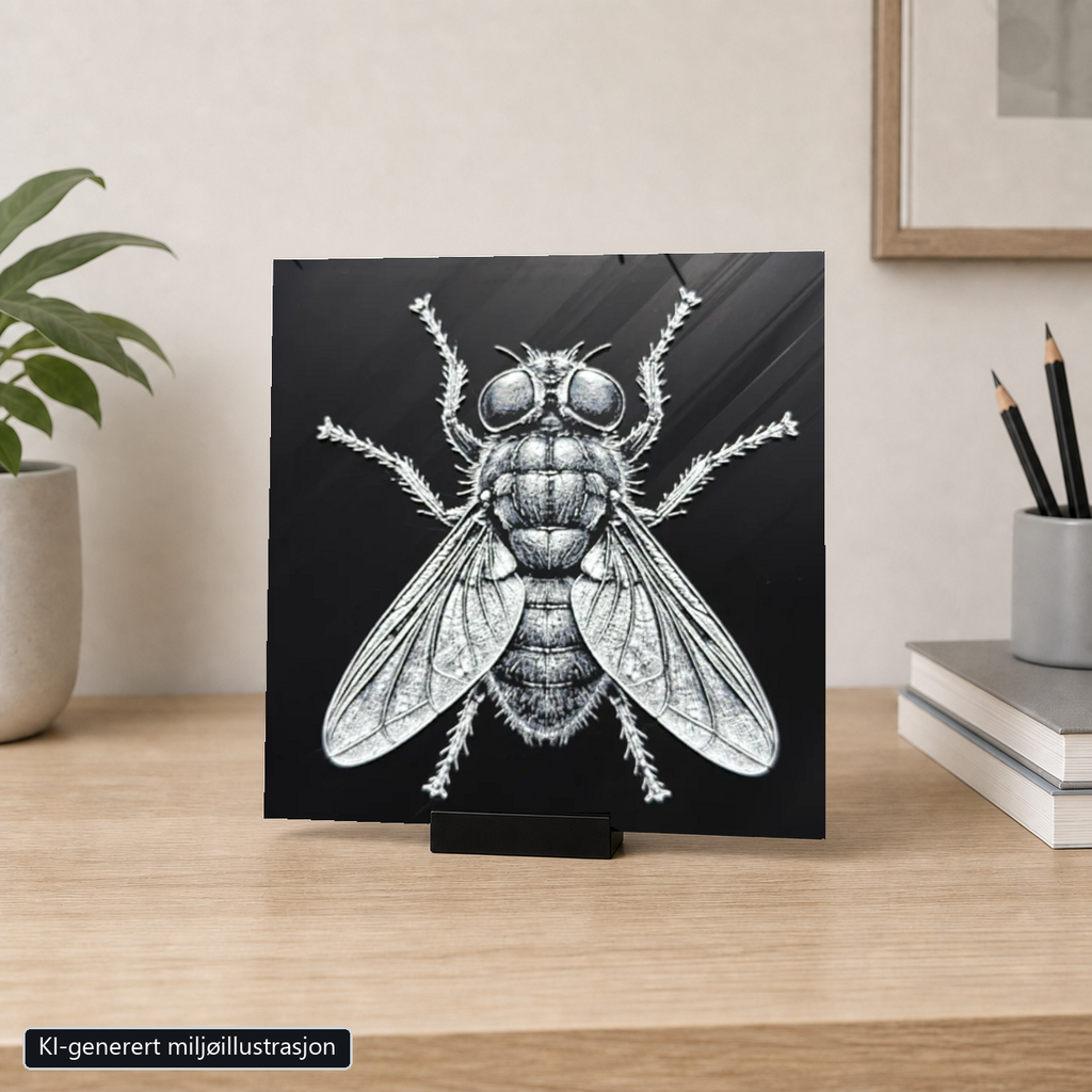 Rammeløst Husflue-motiv 20 x 20 cm i 6 cm bredt svart bordstativ. KI-generert miljøillustrasjon.