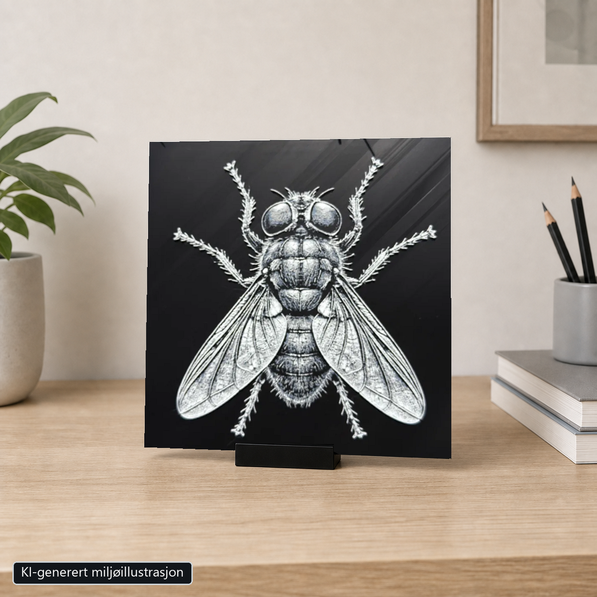 Rammeløst Husflue-motiv 20 x 20 cm i 6 cm bredt svart bordstativ. KI-generert miljøillustrasjon.