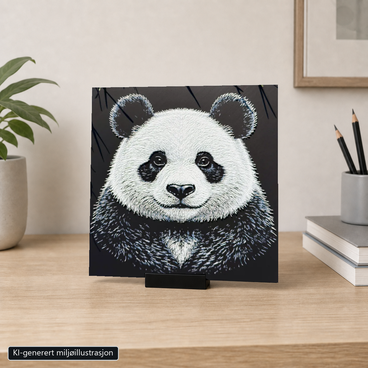 Rammeløst Panda-motiv 20 x 20 cm i 6 cm bredt svart bordstativ. KI-generert miljøillustrasjon.