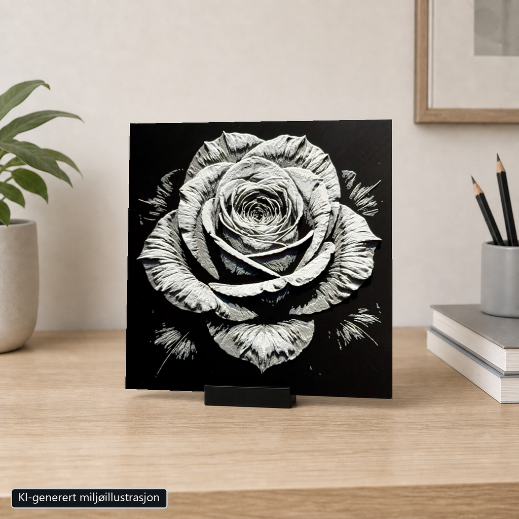 Rammeløst Rose-motiv 20 x 20 cm i 6 cm bredt svart bordstativ. KI-generert miljøillustrasjon.