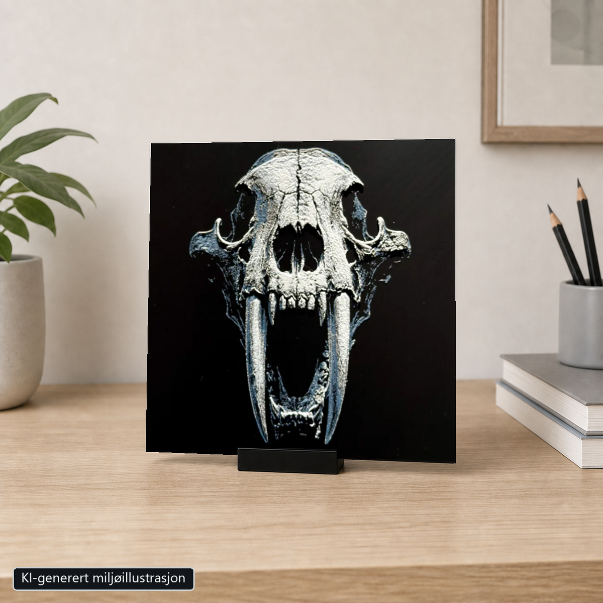 Rammeløst Sabeltannkattskalle-motiv 20 x 20 cm i 6 cm bredt svart bordstativ. KI-generert miljøillustrasjon.