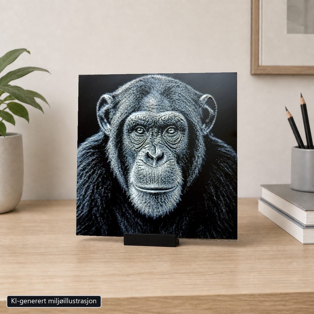 Rammeløst Sjimpanse-motiv 20 x 20 cm i 6 cm bredt svart bordstativ. KI-generert miljøillustrasjon.