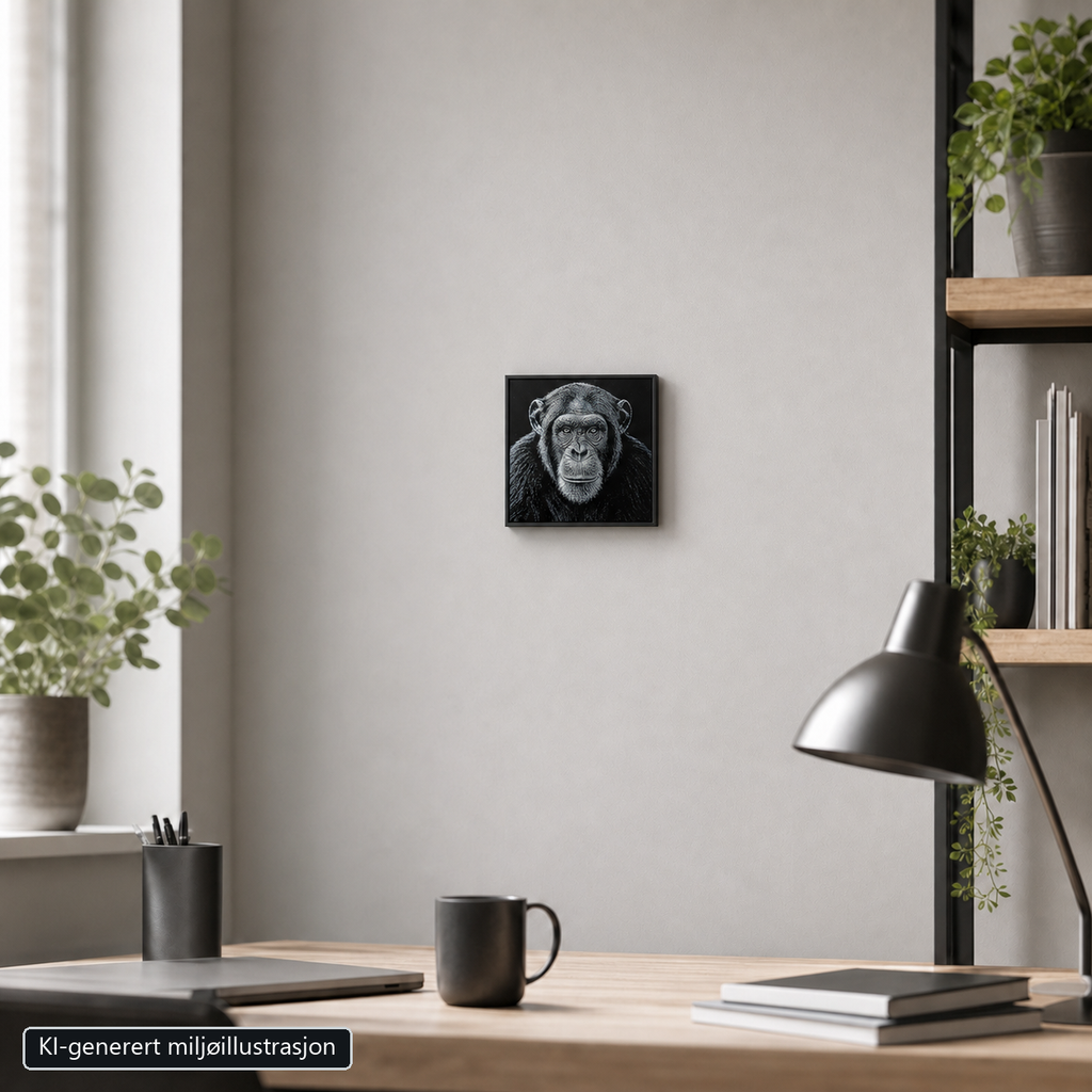 Sjimpanse-motiv i tynn svart ramme på vegg. KI-generert miljøillustrasjon.