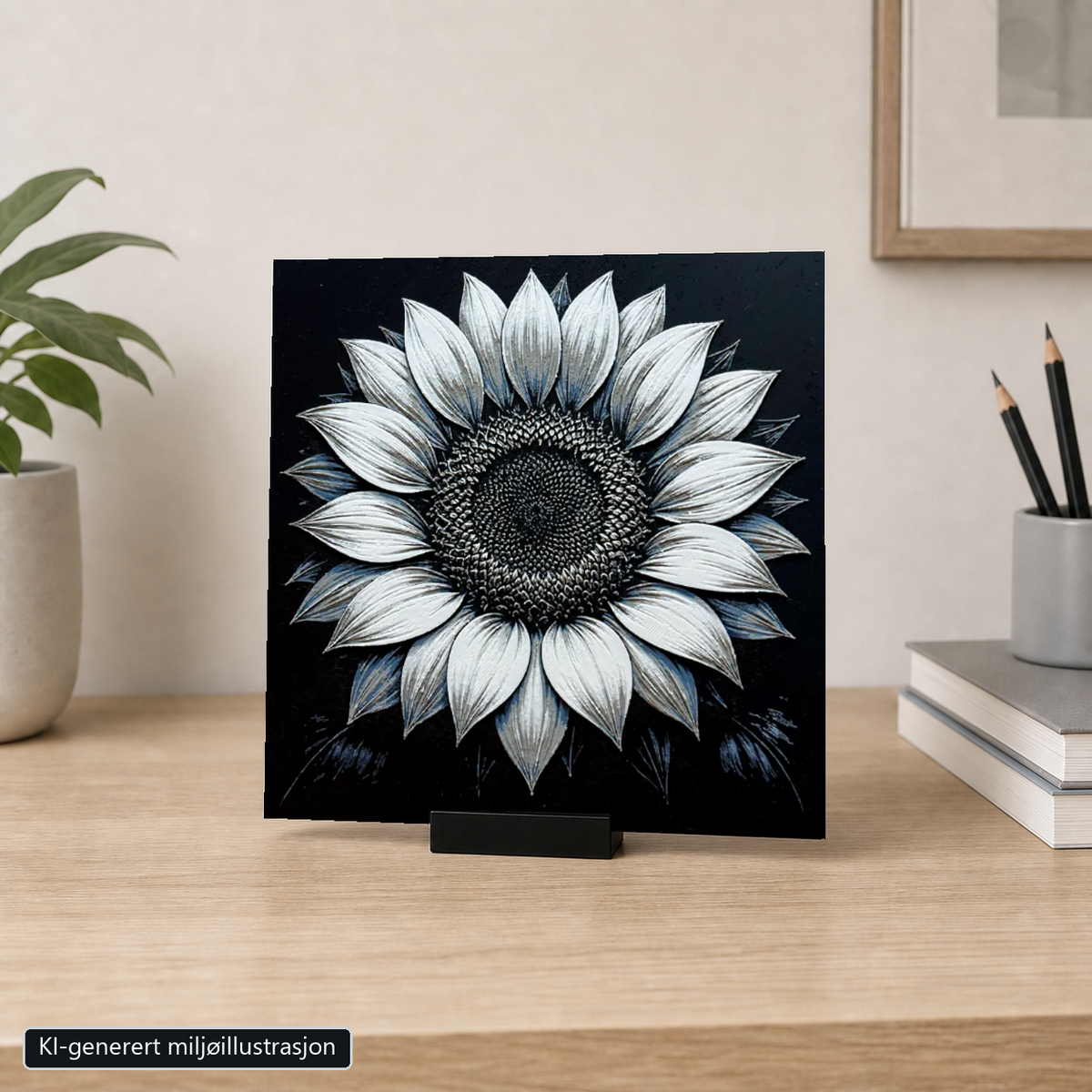 Rammeløst Solsikke-motiv 20 x 20 cm i 6 cm bredt svart bordstativ. KI-generert miljøillustrasjon.