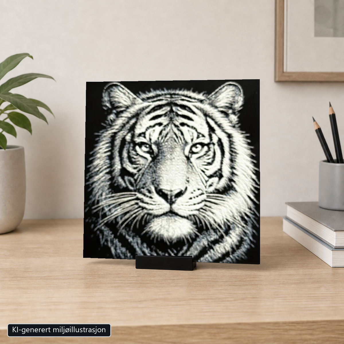 Rammeløst Tiger-motiv 20 x 20 cm i 6 cm bredt svart bordstativ. KI-generert miljøillustrasjon.
