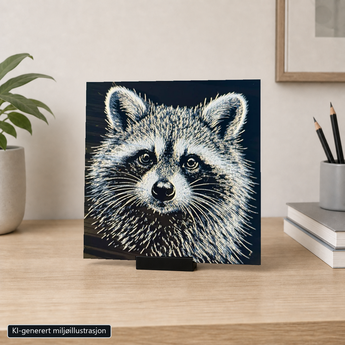Rammeløst Vaskebjørn-motiv 20 x 20 cm i 6 cm bredt svart bordstativ. KI-generert miljøillustrasjon.