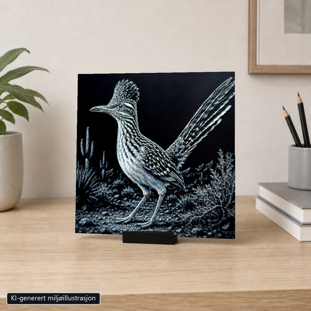 Rammeløst Veiløper-motiv 20 x 20 cm i 6 cm bredt svart bordstativ. KI-generert miljøillustrasjon.
