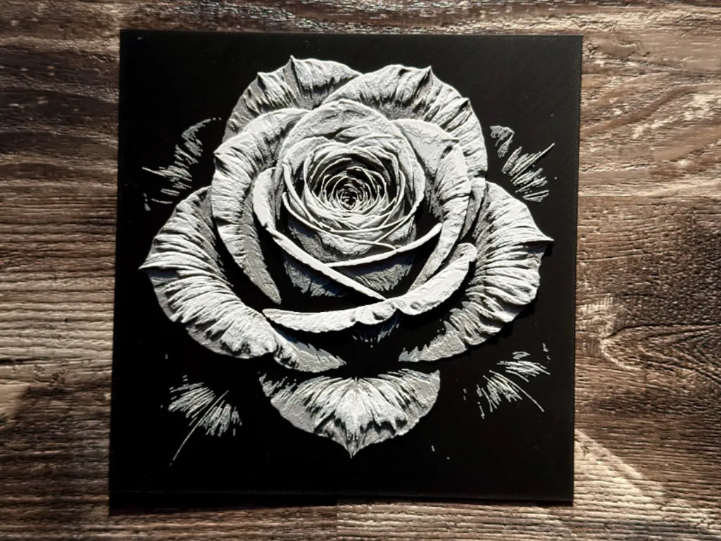 Rose – 3D-printet HueForge-bilde flatt på underlag