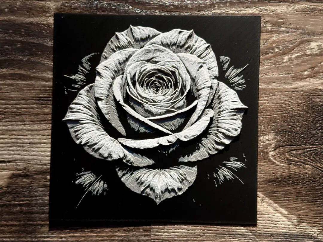Rose – 3D-printet HueForge-bilde flatt på underlag