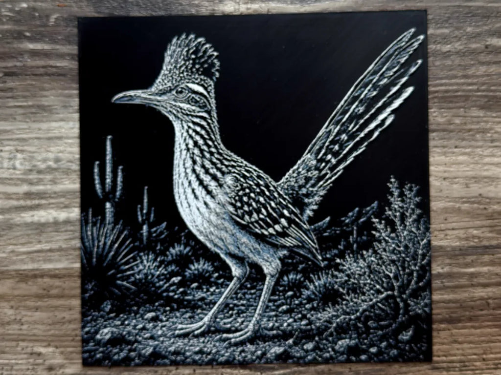 Veiløper – 3D-printet HueForge-bilde flatt på underlag